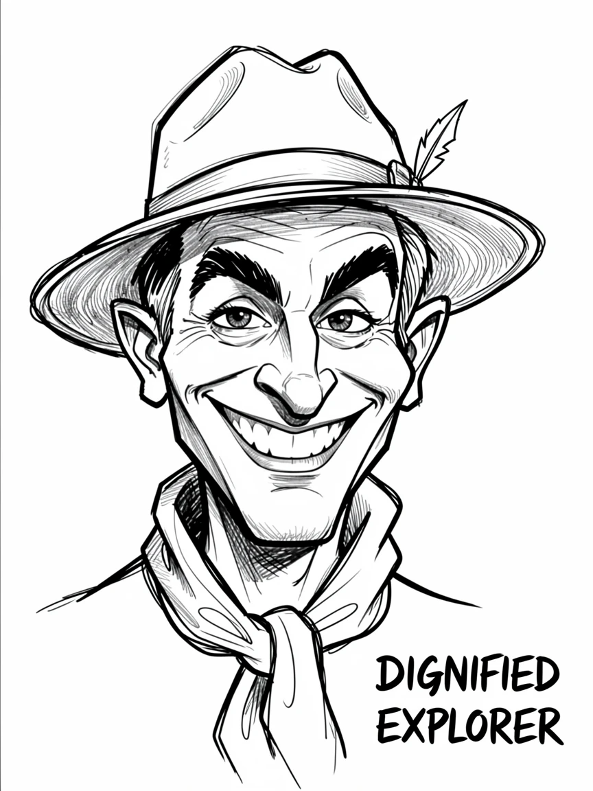 [People Portraits & Characters] Portrait of a dignified explorer grinning proudly, full of personality and charm