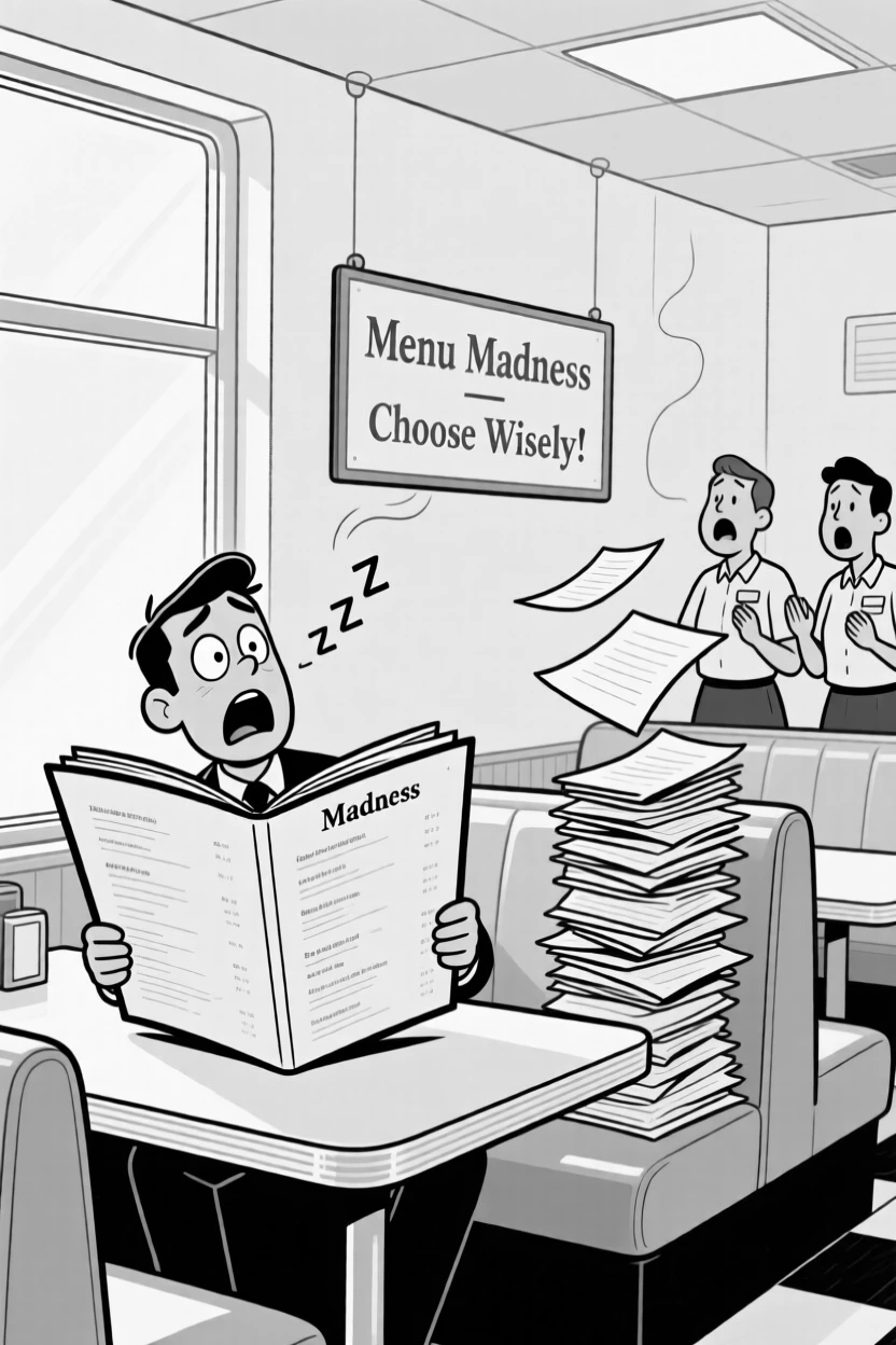 A diner staring in horror at a wildly oversized menu, snoring loudly enough to startle nearby coworkers, set at a diner booth by the window. A stack of ungraded papers teeters nearby. It feels like a meme come to life, equal parts cringe and charm.