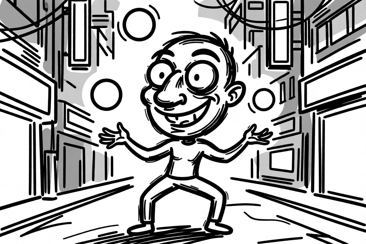 A cyberpunk street performer juggling glowing orbs under neon city lights.