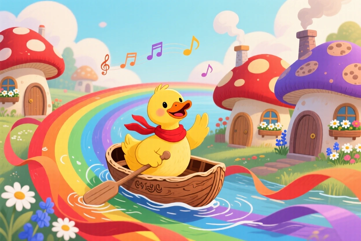 A duck who sails a walnut-shell boat is sledding down a rainbow made of ribbon in a neighborhood of mushroom-cap houses, as a soft melody seems to hum through the air.