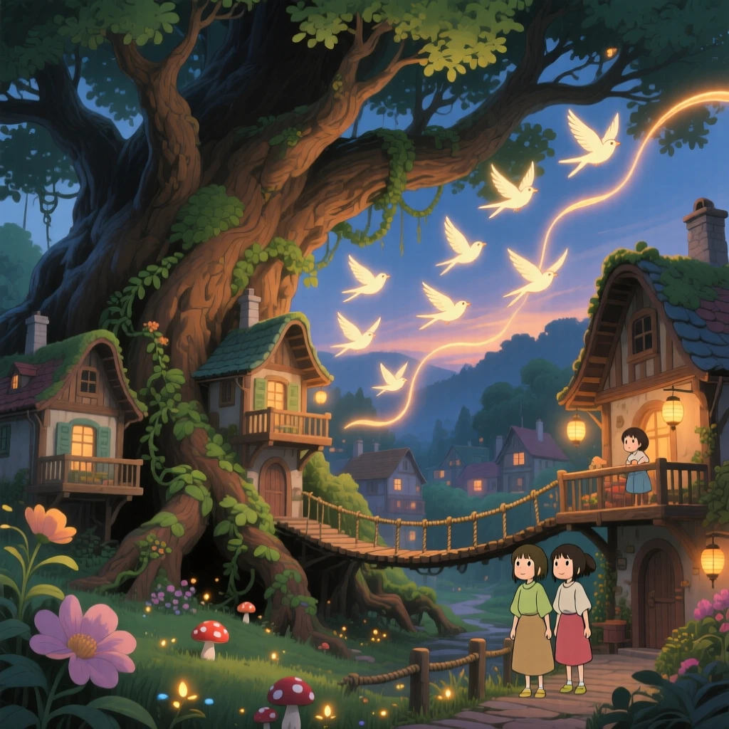 A village built inside the branches of an enormous tree, where a flock of luminous birds trailing light behind them can be seen nearby, the atmosphere quietly enchanting.