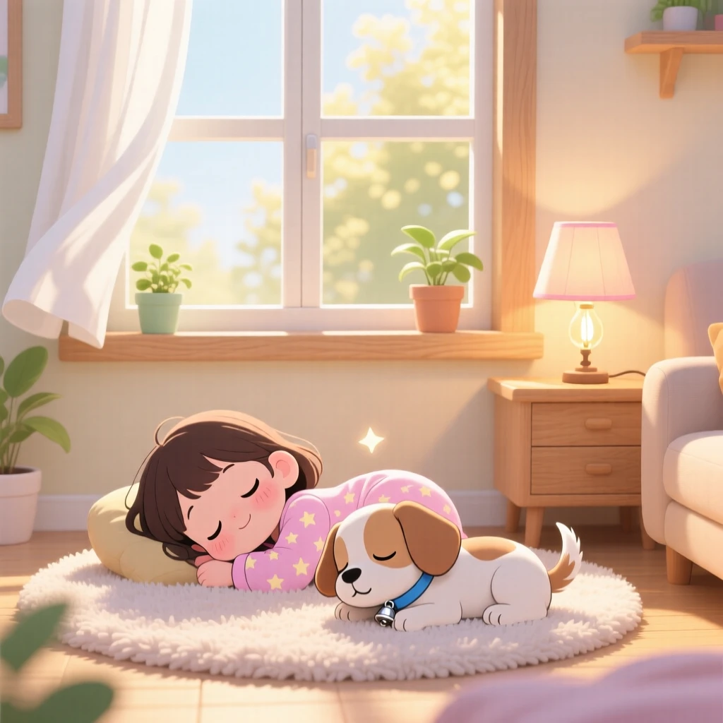 Framed through a window of a small girl and her puppy, napping together in a sunbeam, in a cozy living room, during a light summer breeze, illuminated by warm lamplight, radiating curious excitement.