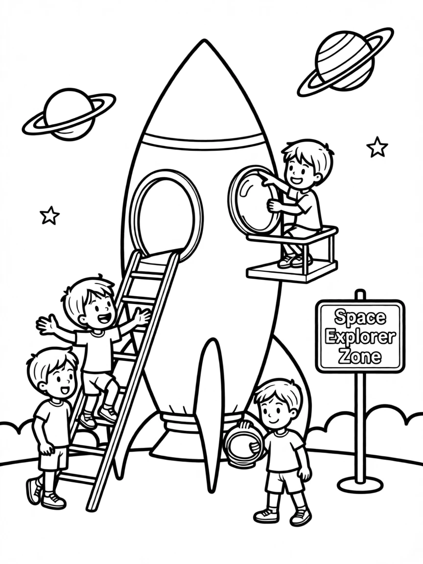 A rocket-shaped playground where children pretend to explore space