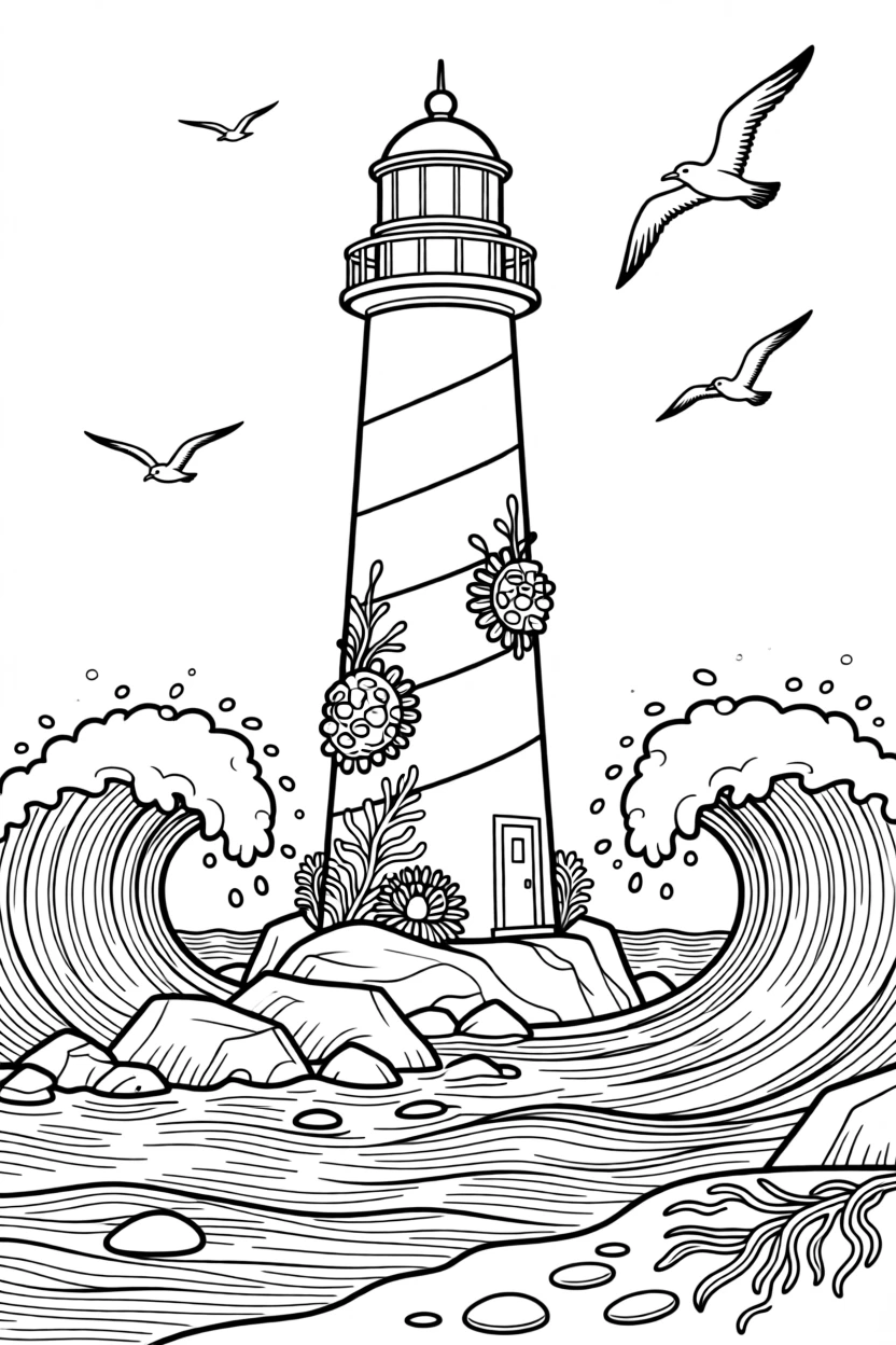 A lighthouse standing against crashing waves, with barnacles and anemones clinging to every surface.