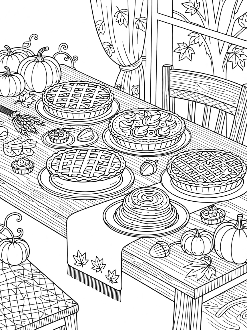 A Thanksgiving pie table with an array of autumn-flavored desserts.