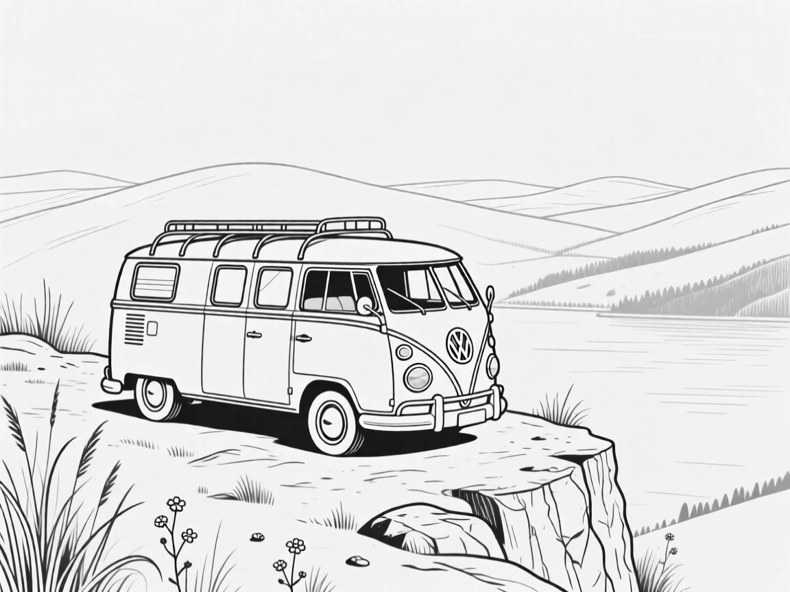 A vintage camper van parked at a scenic overlook