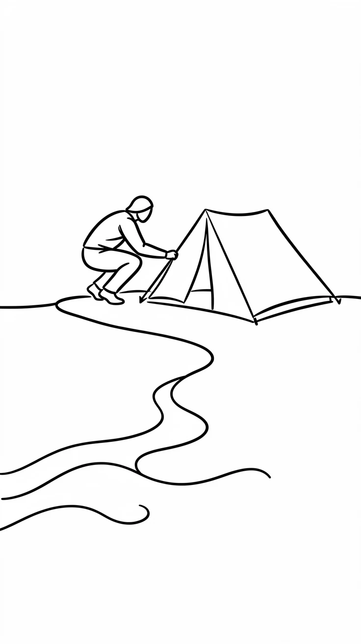 A solo hiker pitching a tent on a remote clifftop overlooking the sea
