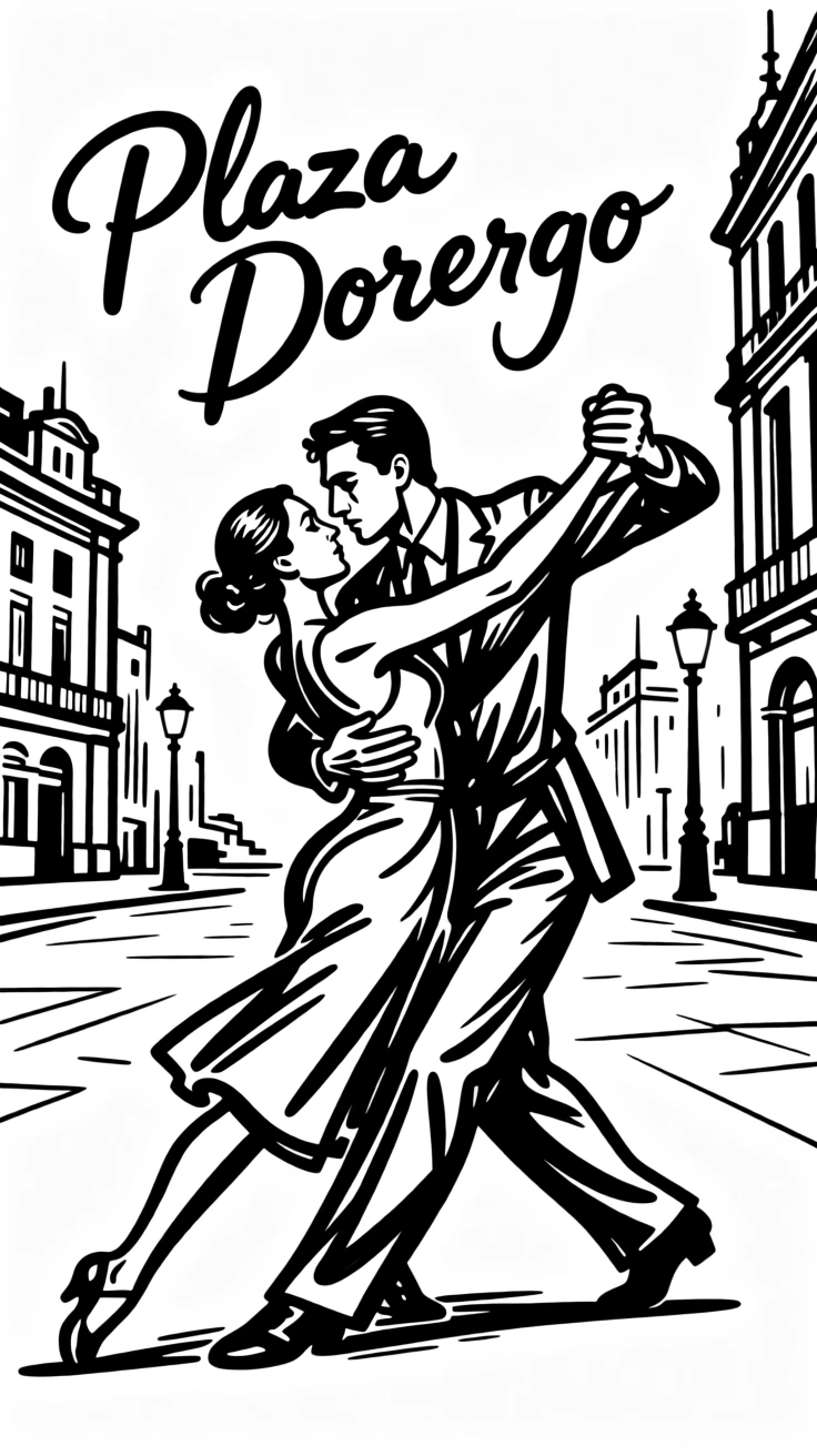 A traditional Argentine tango dance in a dimly lit Buenos Aires plaza.