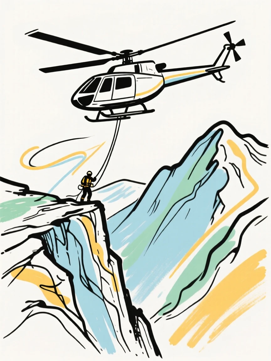 A helicopter hovering above a dramatic mountain rescue scene.