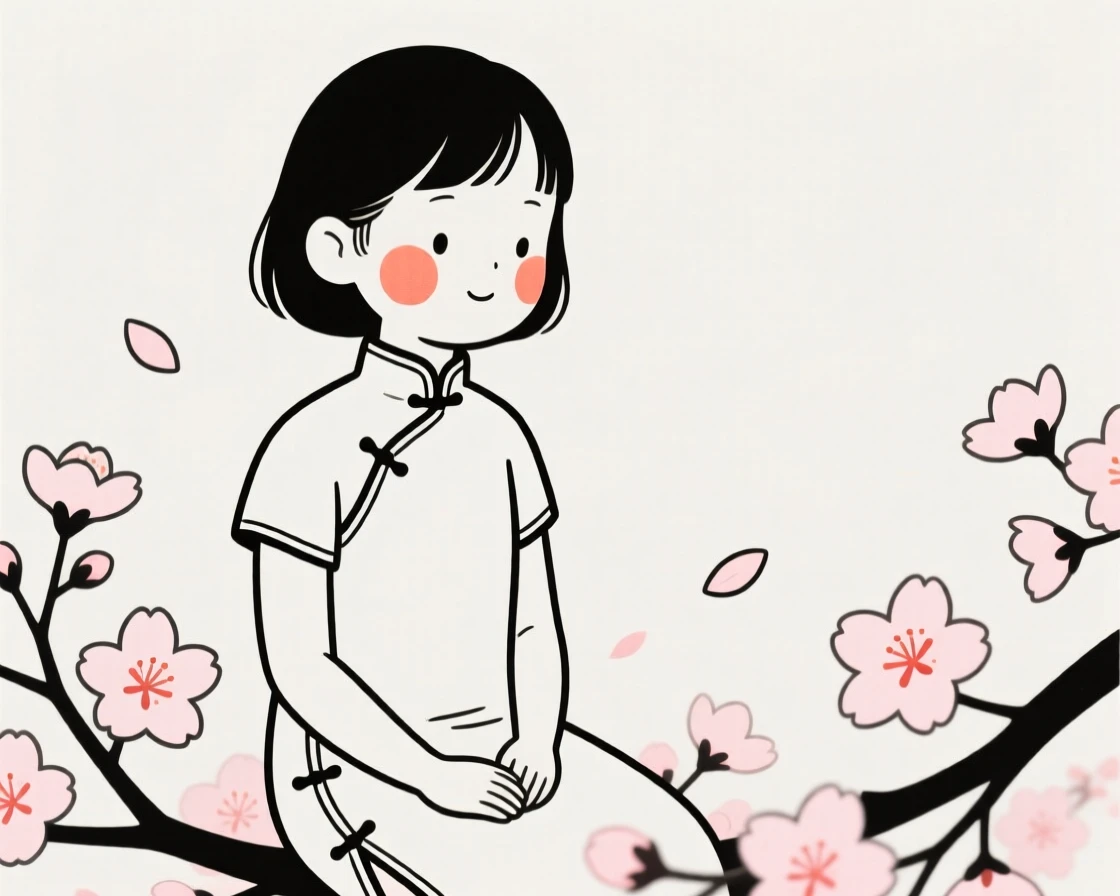 A little girl of Filipino heritage wearing a Chinese qipao, resting in calm stillness, in a blooming cherry blossom garden.