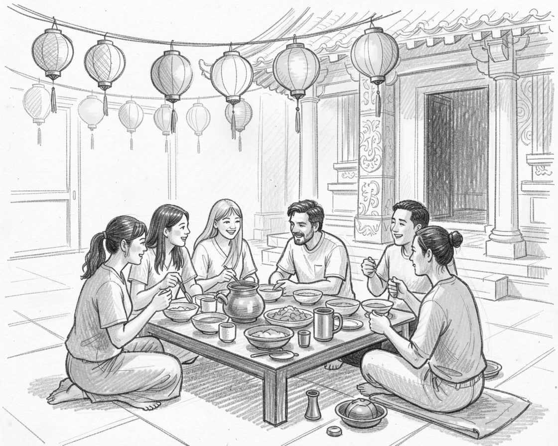 A vibrant cultural scene of friends sharing a meal beneath strings of lanterns beside a sacred temple courtyard, with golden light glinting off polished brass.