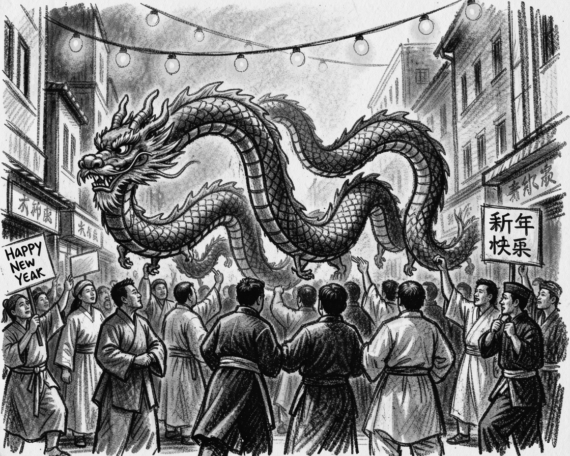 A Chinese New Year dragon dance parade through crowded streets, under the warm glow of string lights.