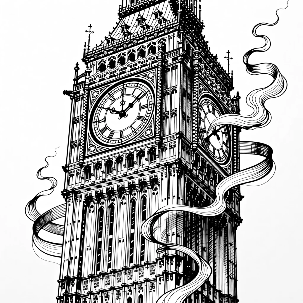 A magical clock tower where time appears to bend and swirl around its hands.