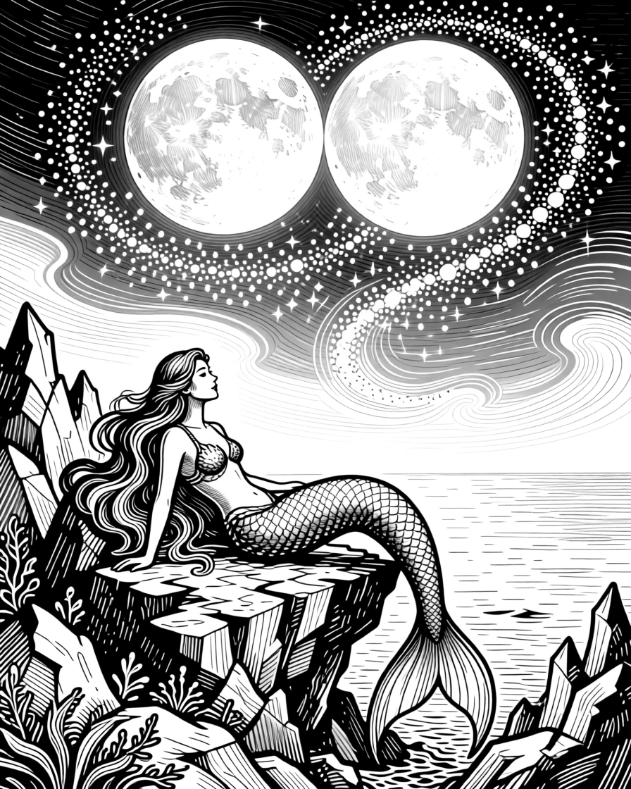 A mermaid resting on a moonlit reef beneath a sky filled with twin moons, with a trail of glimmering dust in the air, forming a full of wonder fantasy scene.