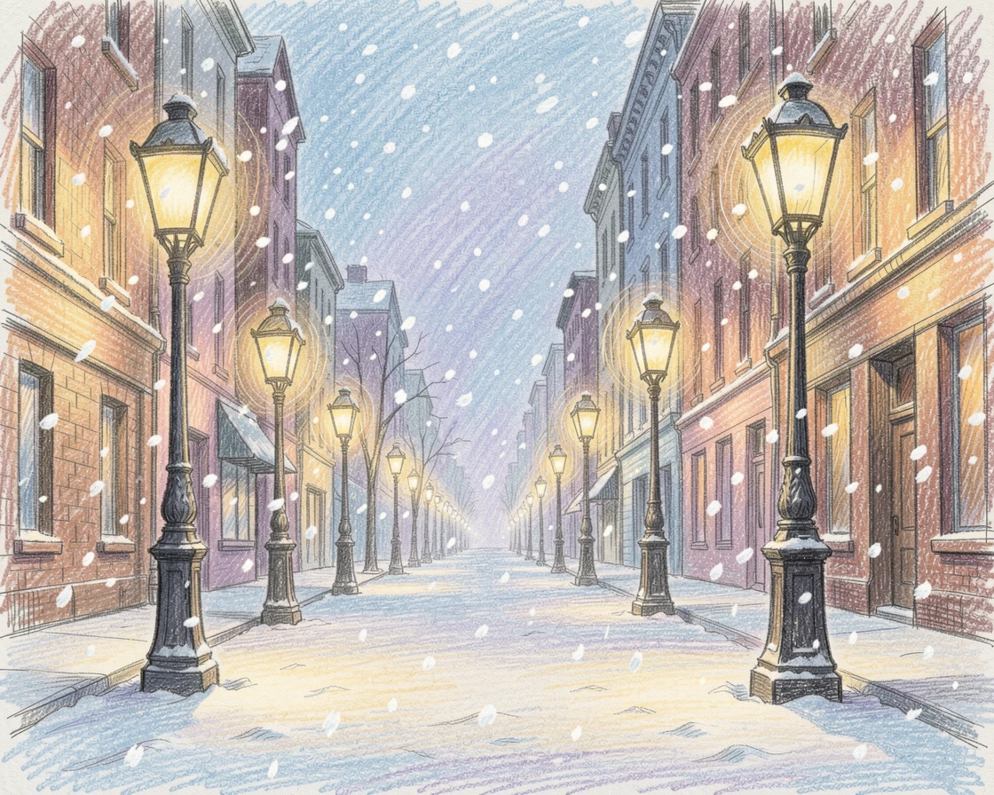Gentle snow flurries drifting past glowing city streetlamps, with rich, inviting textures throughout the scene, celebrating a moment people would love to revisit.