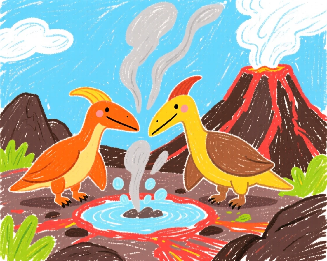 A pair of Pteranodons gathered near a steaming volcanic spring.