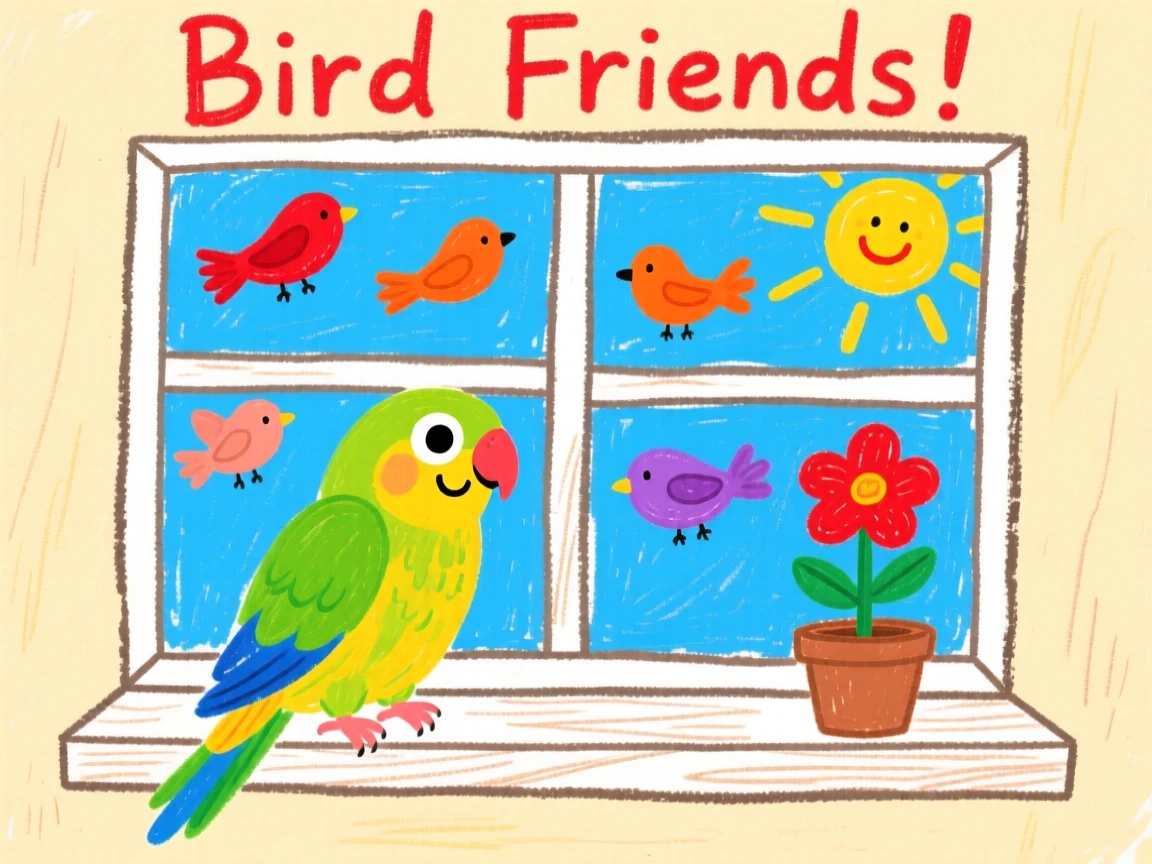A parakeet with bright feathers watching birds from a windowsill.