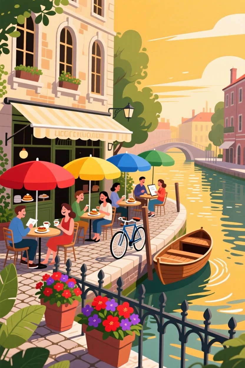 A traditional canal-side café with colorful umbrellas, under a warm golden afternoon sky, arranged with vibrant foreground elements framing the view, with a joyful, adventurous atmosphere.