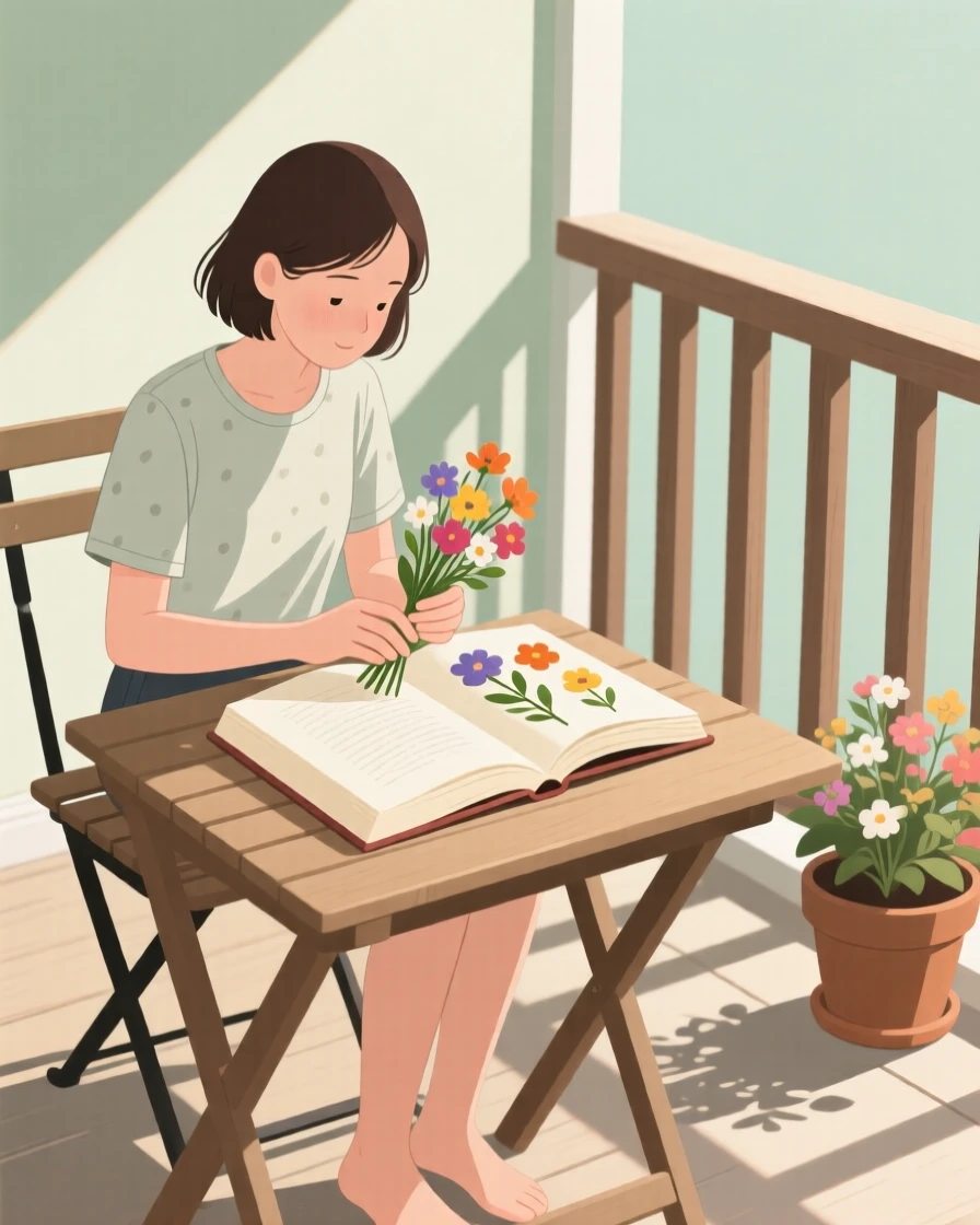A person pressing flowers into a book in a sunlit porch.