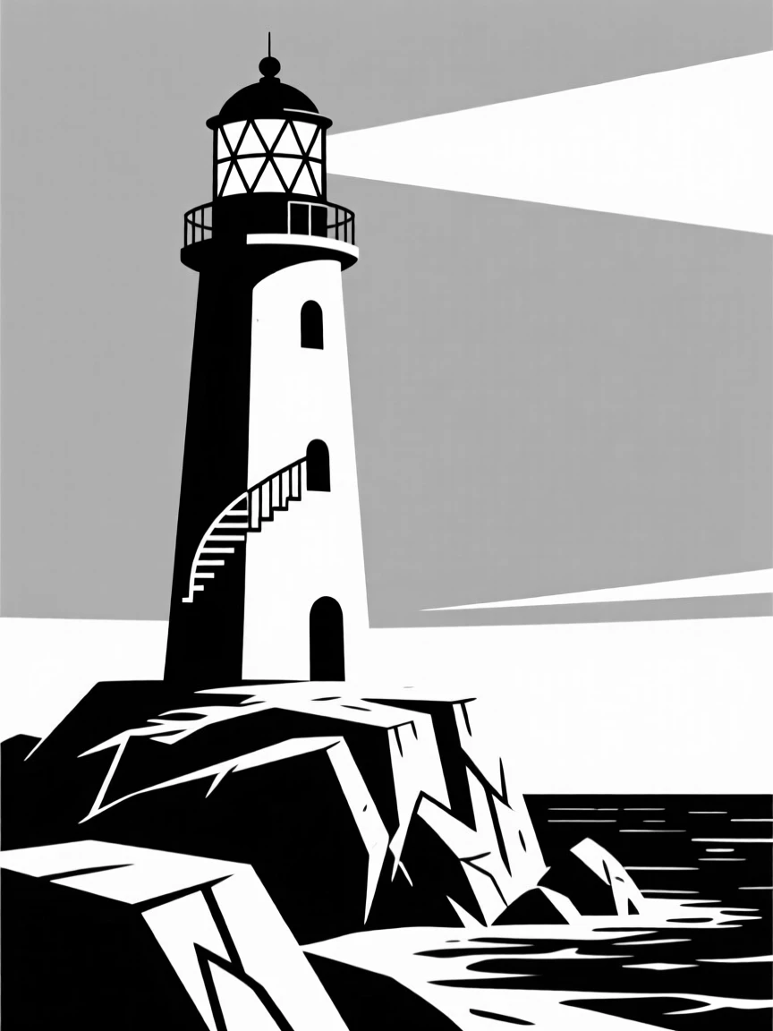 A historic lighthouse on a rocky point.