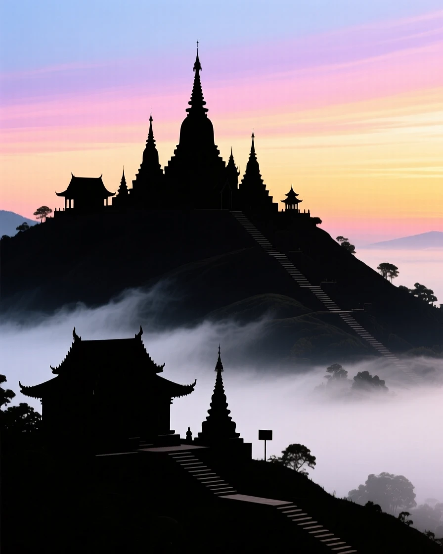 A hillside temple complex wrapped in early morning mist.