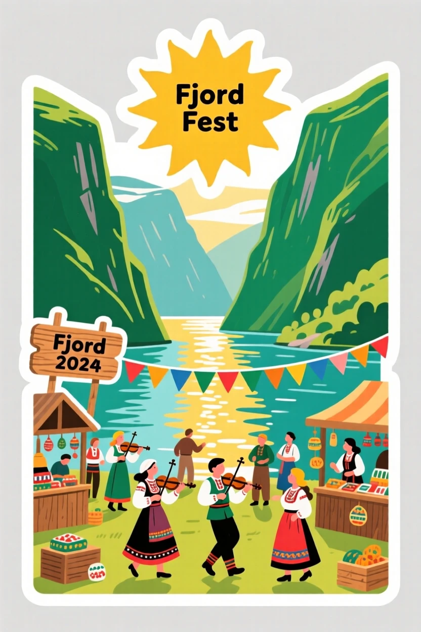 A sun-drenched Norwegian fjord with steep green cliffs, with locals going about their day, at the peak of a local festival.