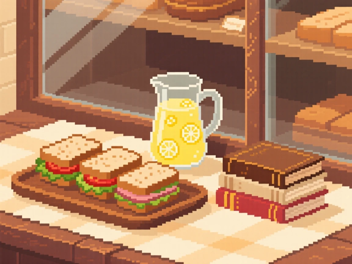 A picnic spread of sandwiches and lemonade resting beside a stack of old cookbooks, in a cozy bakery display case.