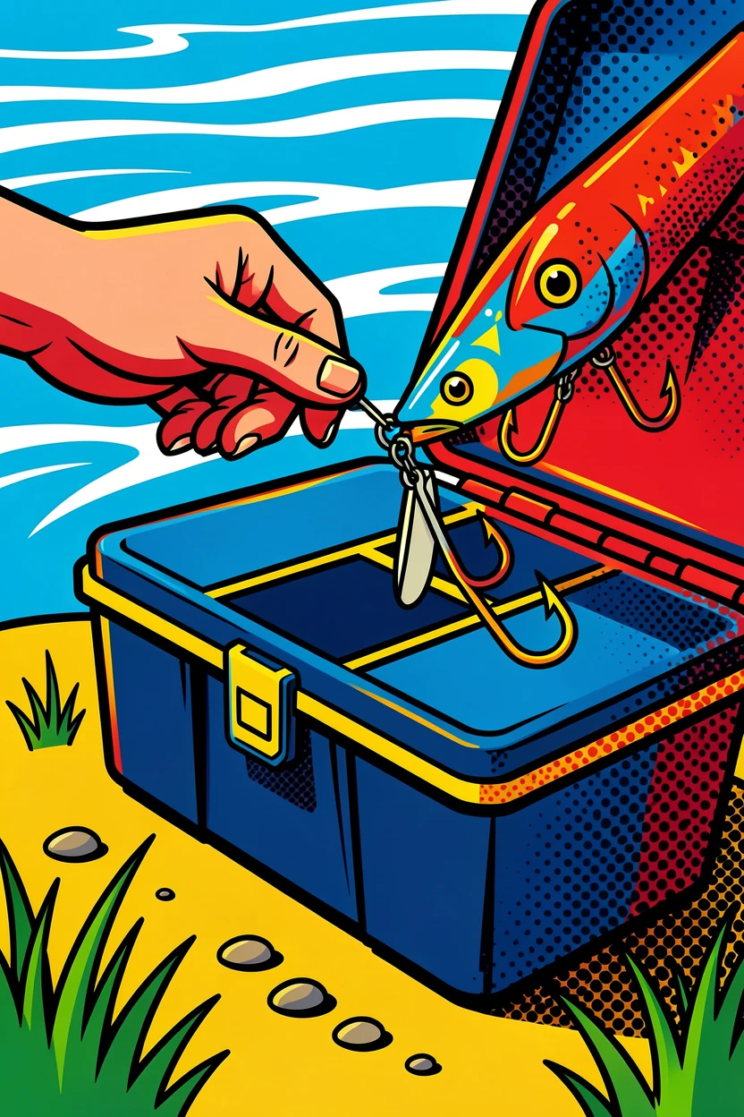 A hand tying a fishing lure beside a tackle box on a riverbank