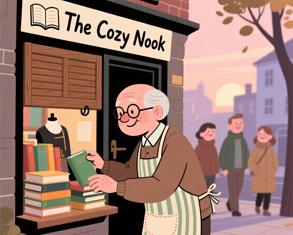 A elderly tailor opens the shutters of a small corner bookstore at dawn, arranging stacks of new books in the window as the first customers approach.