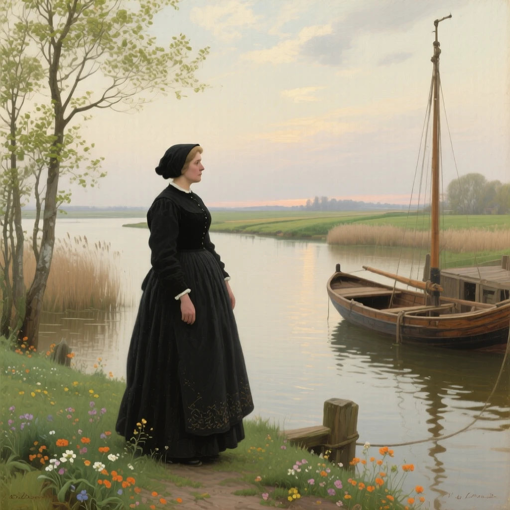 A well-framed scene of a widow standing alone at a quiet harbor, watching the horizon, in the Dutch countryside, in late spring.