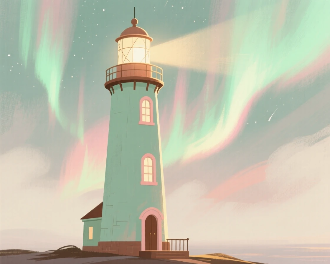 A lighthouse standing tall against a backdrop of northern lights