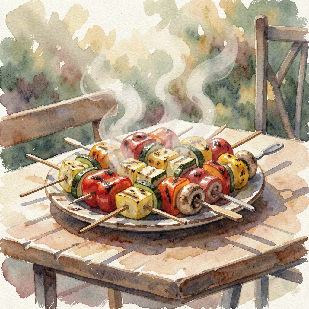 A platter of grilled vegetables and skewers on a sunlit outdoor patio table with steam gently rising.