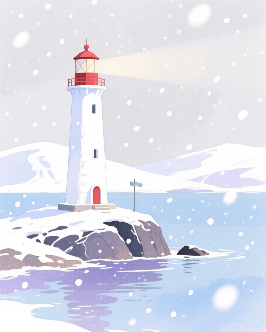 A serene view of a solitary lighthouse point, while snow falls in soft, silent flakes, evoking calm and quiet reflection
