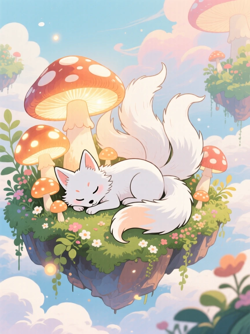 A snow-white kitsune with nine tails napping among a cluster of giant glowing mushrooms, in a floating garden above the clouds, brimming with magical warmth and beauty.