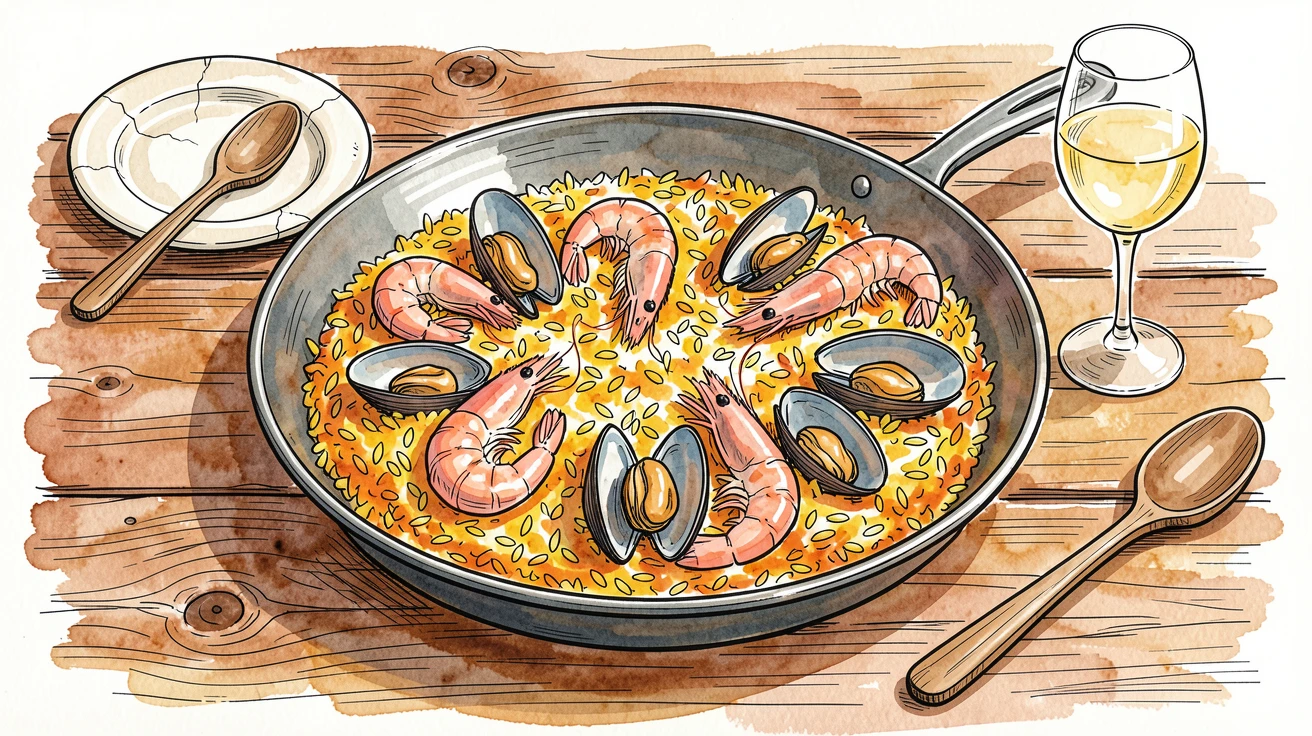A rustic paella pan sizzling with saffron rice, shrimp, and mussels, rustic tableware adding warmth and character to the setting.