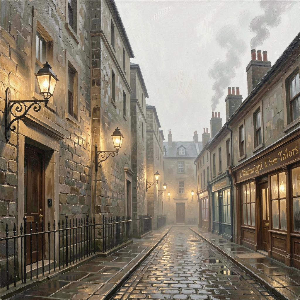 Beneath towering stone city walls, a Victorian-era street lit by gas lamps, smoke rising gently from nearby chimneys, on a misty, overcast morning.