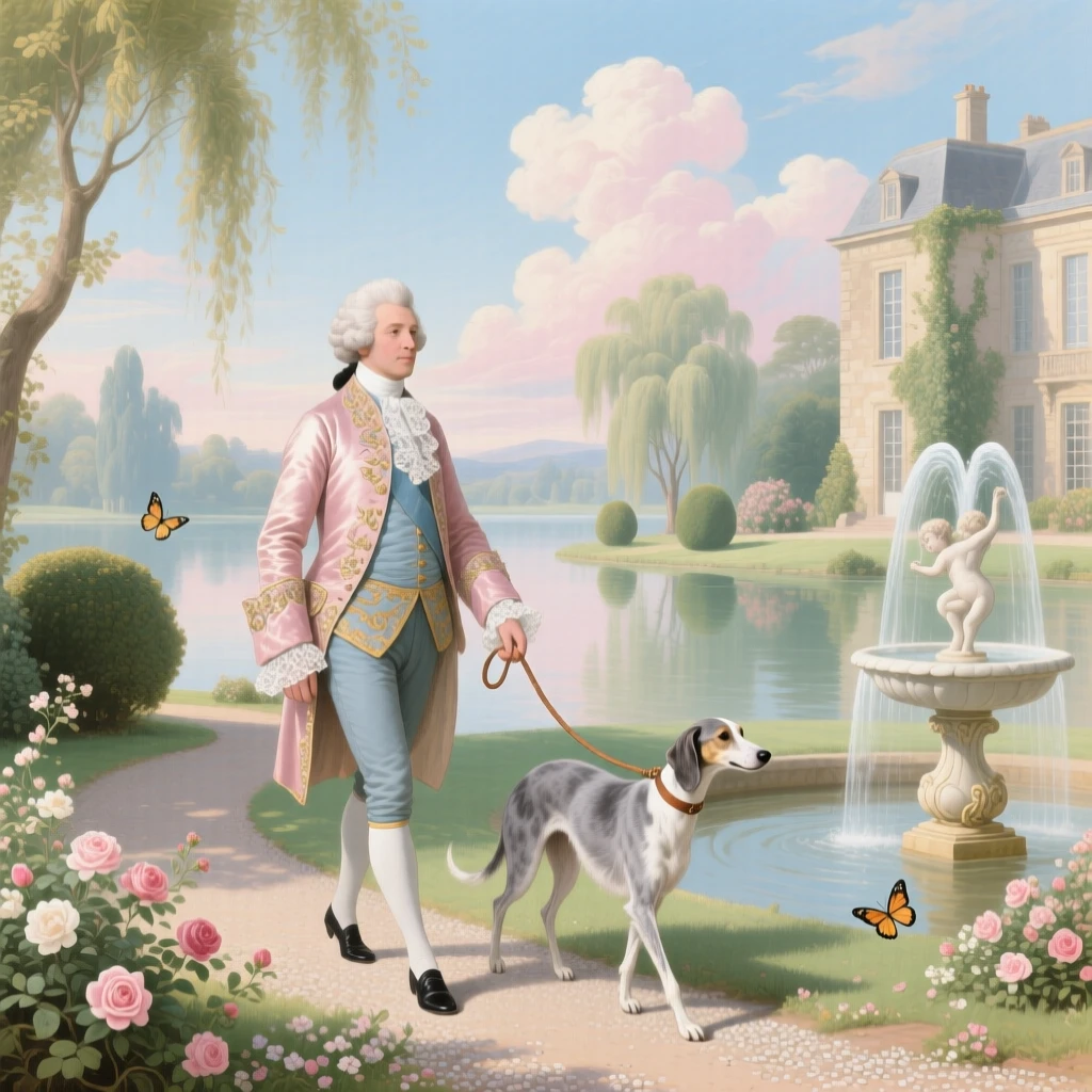 A gentleman walking his hound beside a country estate lake  