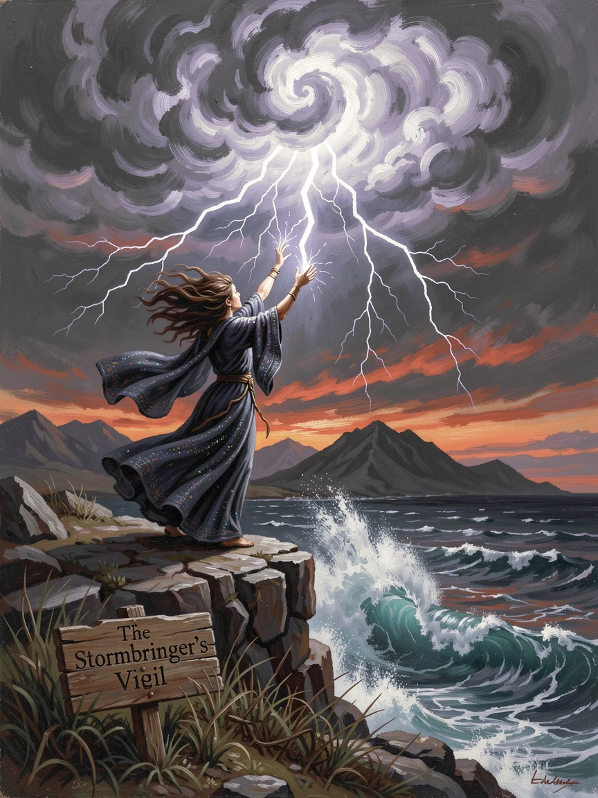 A sorceress conjures a storm from atop a lonely sea cliff.