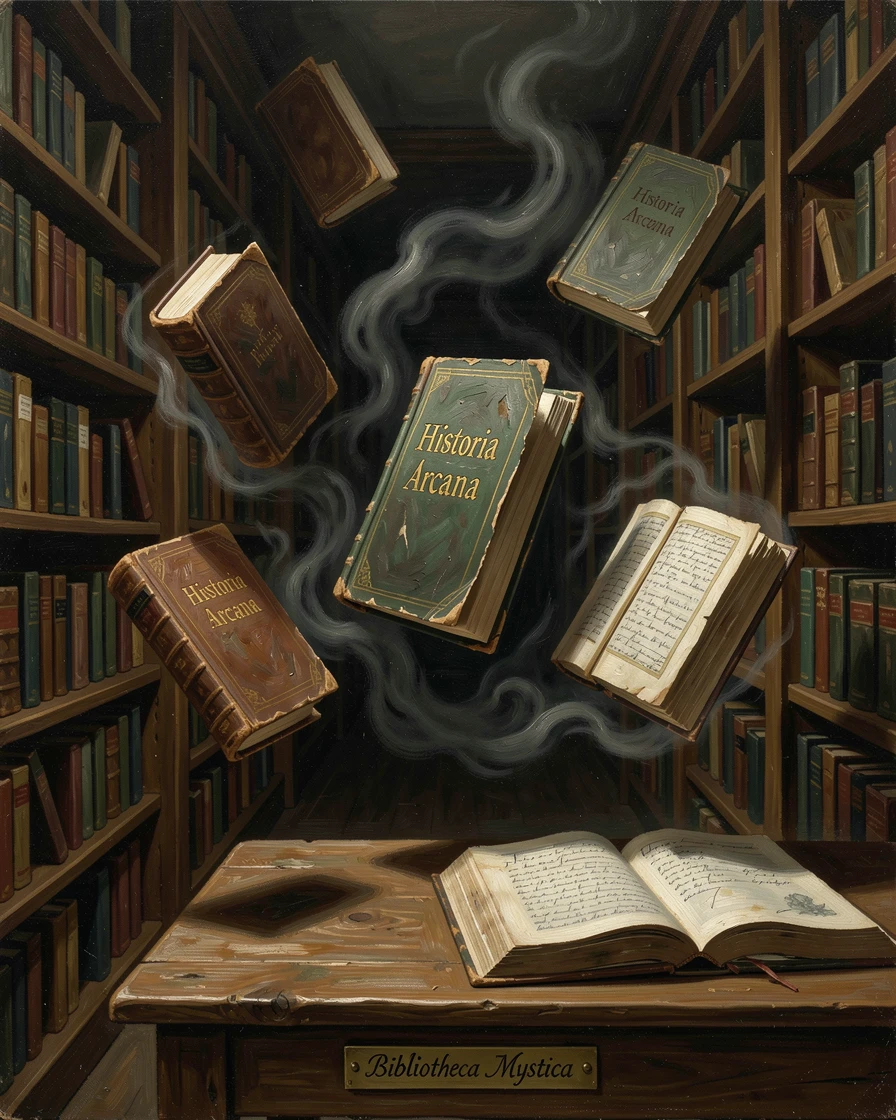 A magical library with floating books and shelves stretching into darkness, as swirling mist and atmosphere add mystery to the scene, blending fantasy imagination with striking photorealistic detail