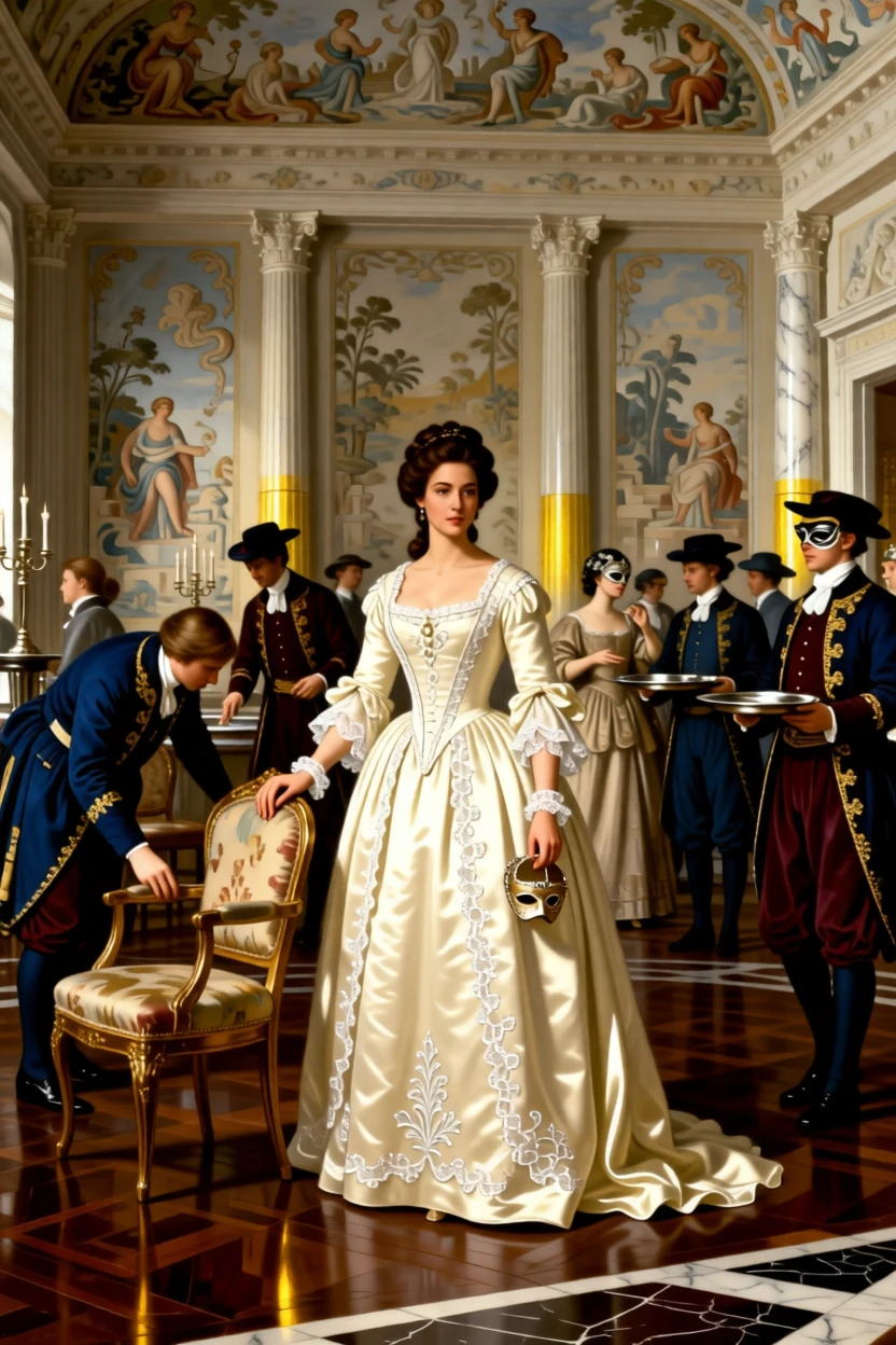 A baroness overseeing preparations for a masked ball during a rare and cherished family gathering, set in a frescoed reception hall lined with marble columns, with liveried servants moving quietly among the guests; rich architectural framing lends grandeur without crowding the figures, evoking refinement, tradition, and quiet opulence.