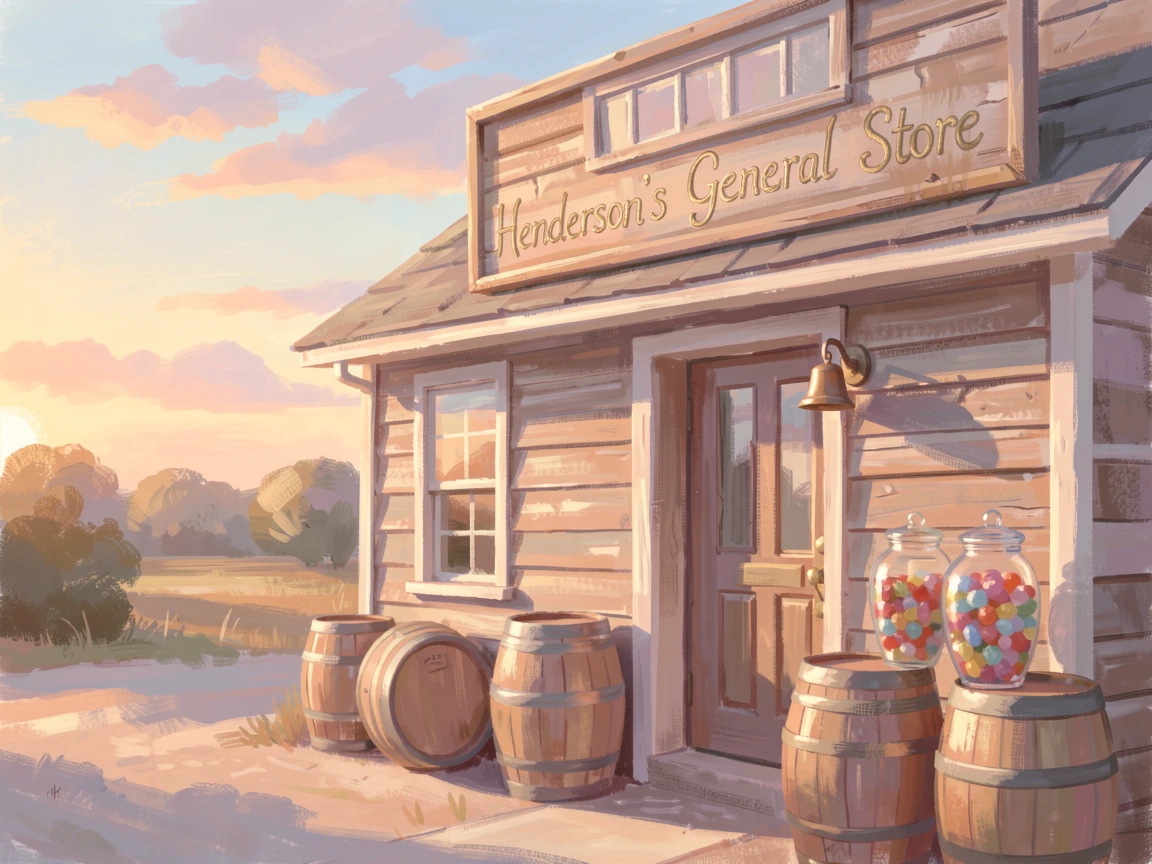 A rustic countryside general store with wooden barrels, penny candy jars, and a bell above the door, under a glowing sunset sky.