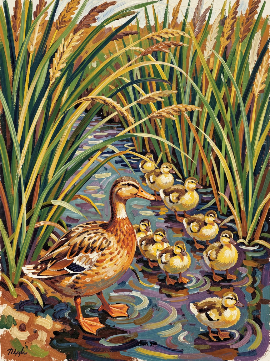 A mother duck leading her ducklings through tall reeds along a riverbank.