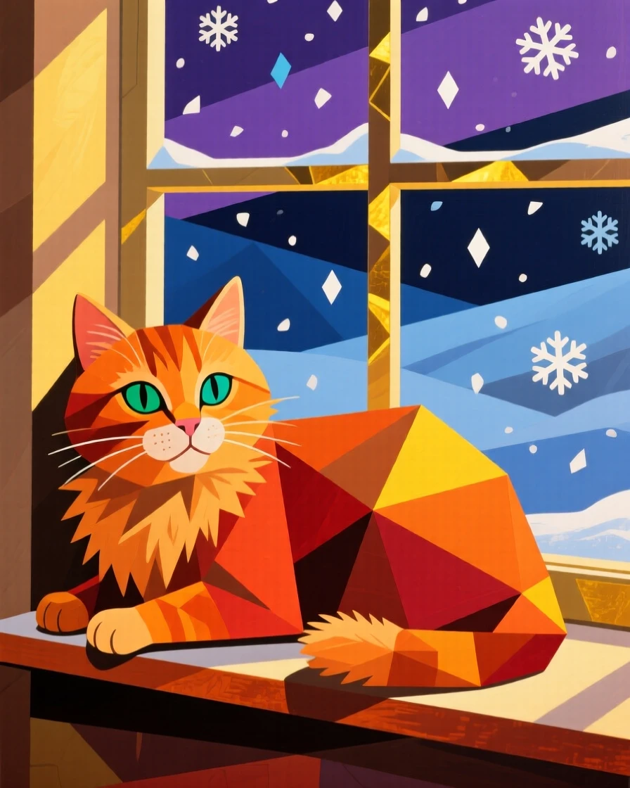 A charming portrait of a fluffy orange kitten resting on a windowsill watching falling snow, in the warm evening light.