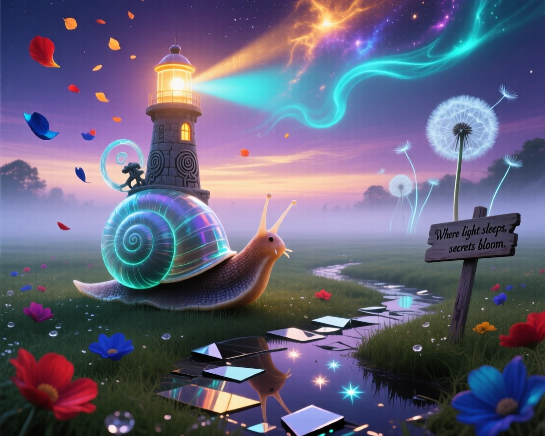 A snail carrying a glowing lighthouse instead of a shell moves silently through a fog-covered meadow, as flower petals fall gently from a clear sky.