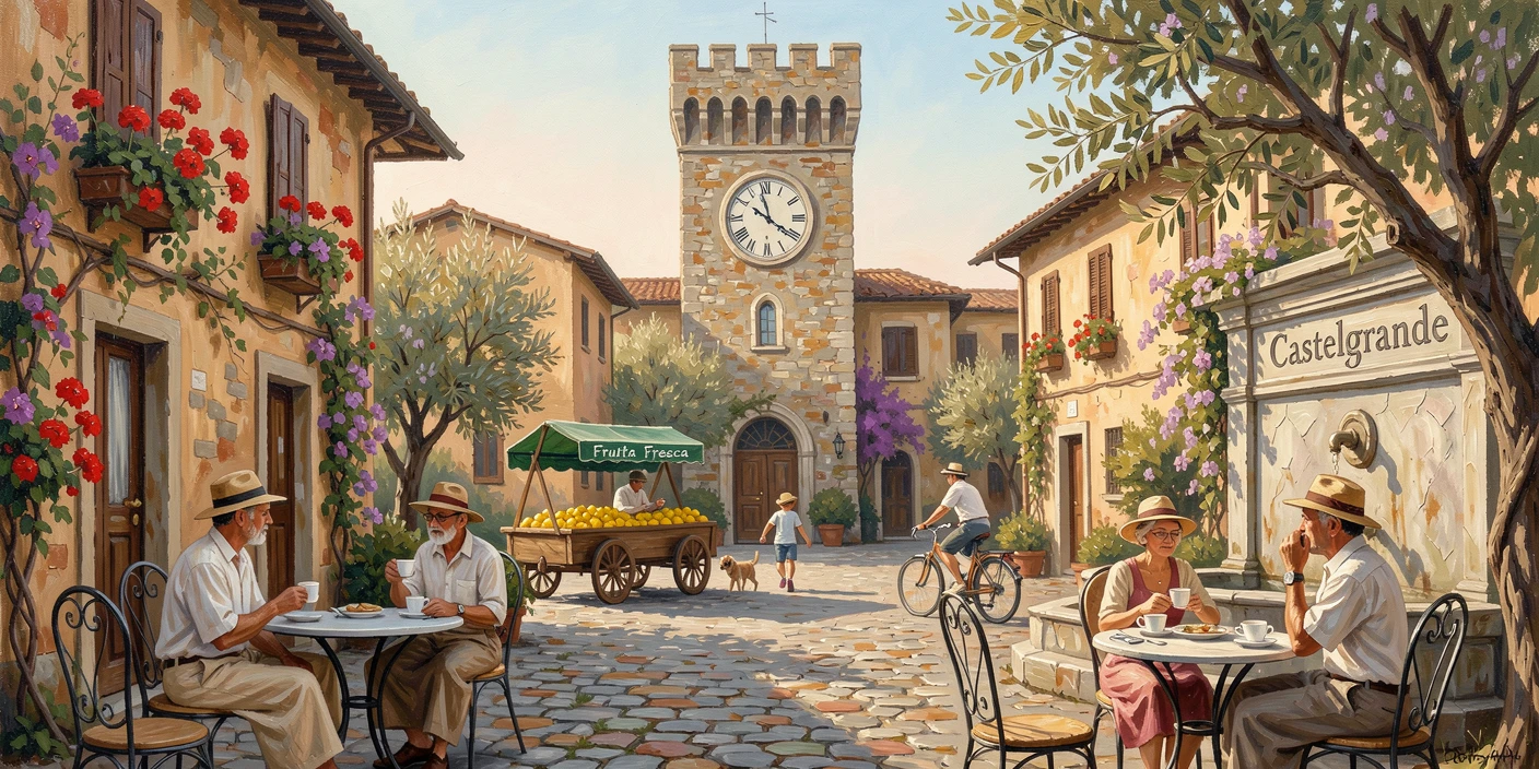 A charming village square in Tuscany shows a medieval clock tower overlooking outdoor café tables where locals sip espresso in the morning sun, local life visible in the background, adding a quiet sense of authenticity to the scene.
