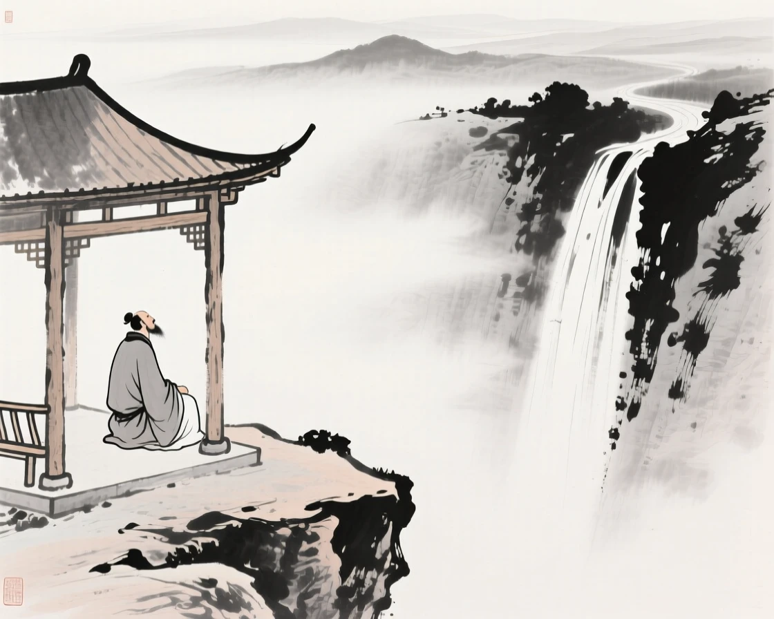 A traveler rests at a roadside pavilion overlooking a misty valley, with a waterfall visible cascading in the distance.