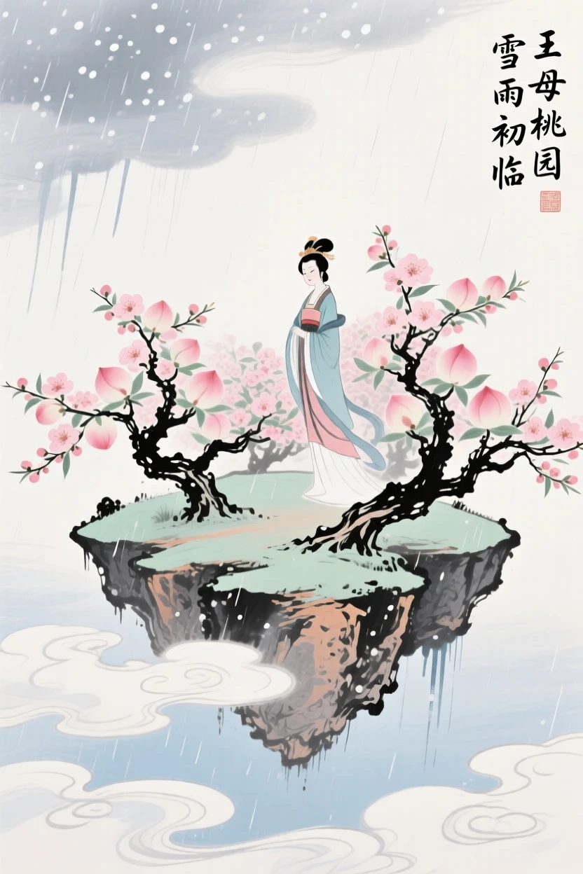 The Queen Mother's peach garden blooming on a floating celestial island, touched with gentle melancholy, beneath softly falling snow, as summer rain begins to fall.