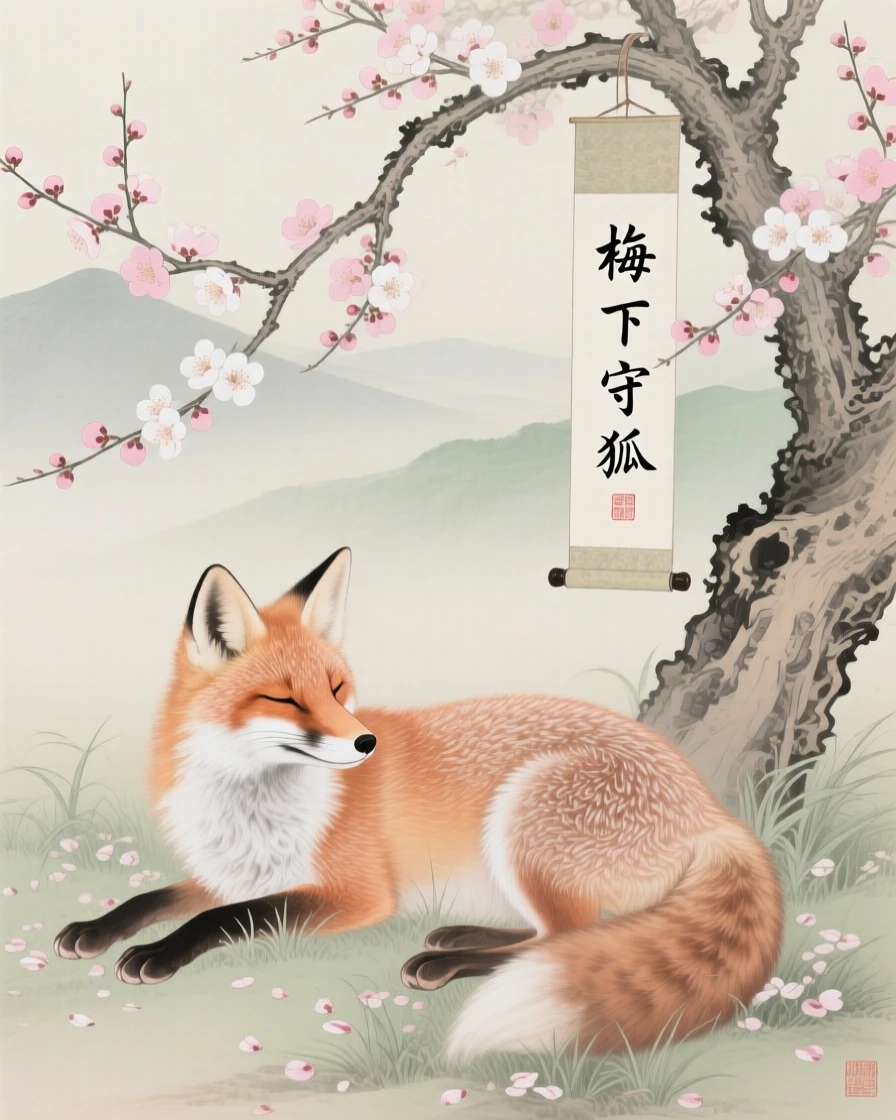 A fox resting beneath a blooming plum tree