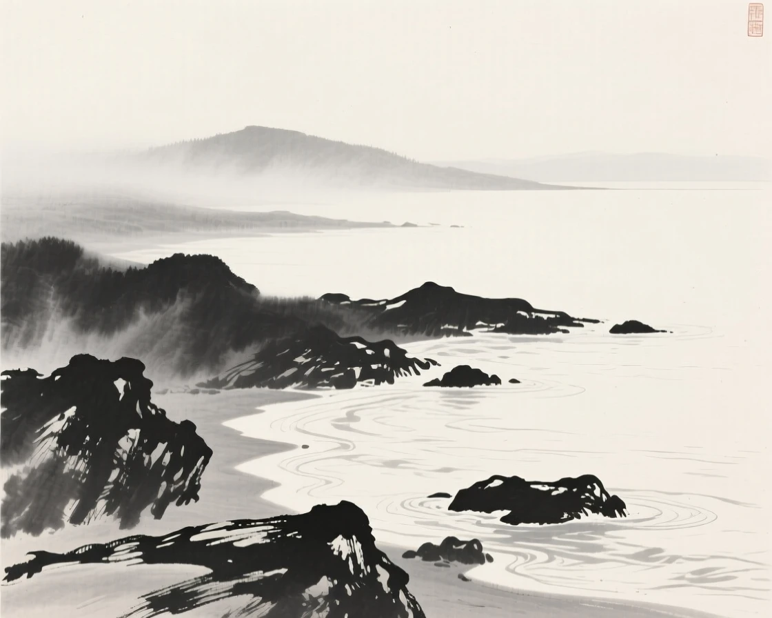 A rocky shoreline swept by gentle incoming tide as thin mist rolls slowly through the lower valley, seen from across the water, the far shore reduced to soft silhouette, evoking a deep sense of solitude and quiet grandeur.