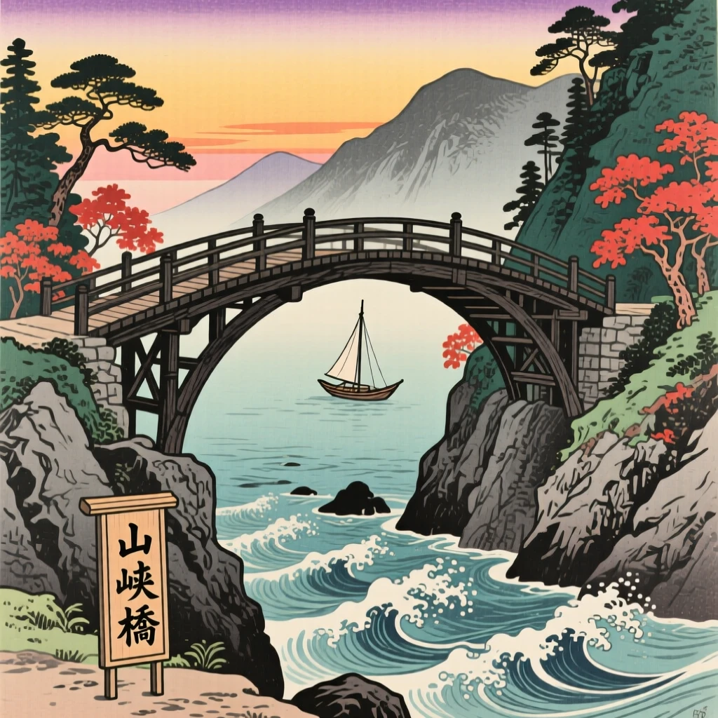 A wooden mountain gorge bridge standing in shallow coastal water at sunset.